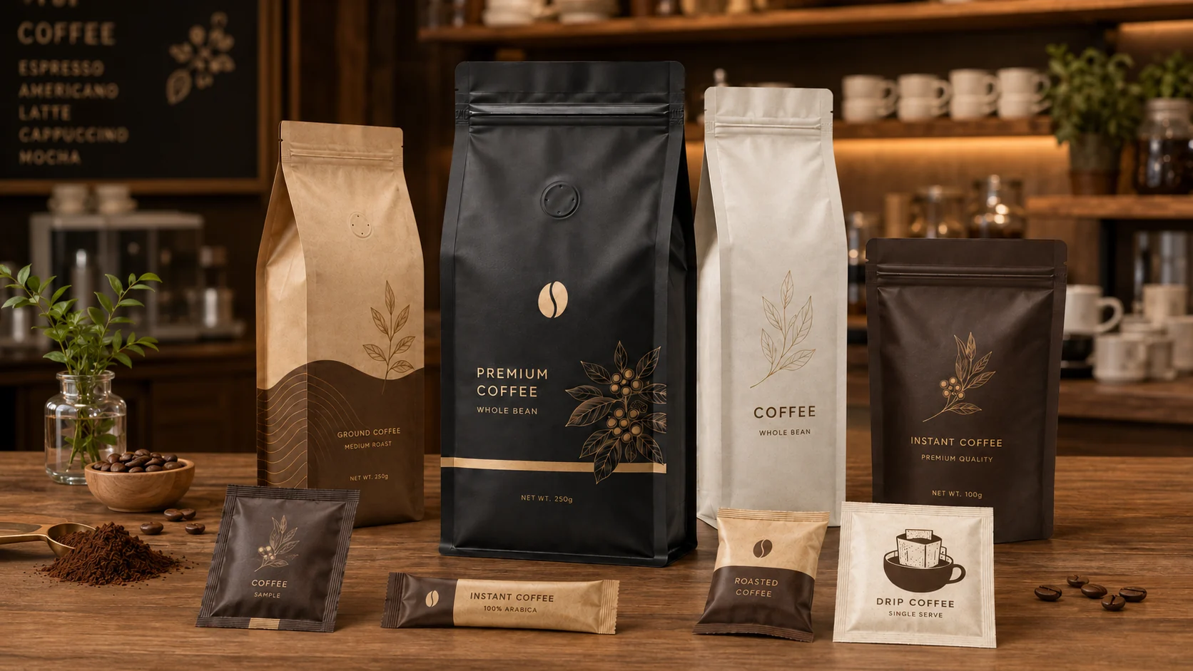 Custom coffee packaging with flat bottom bags, valve pouches, drip coffee sachets and sample packs