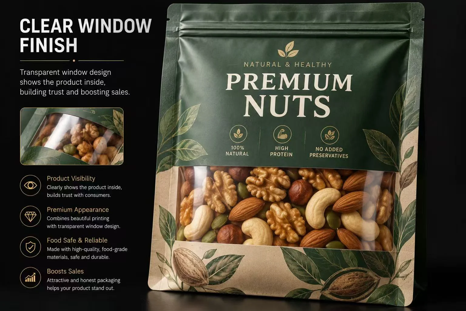 Clear Window Surface Treatment for Flexible Packaging Nut Pouch