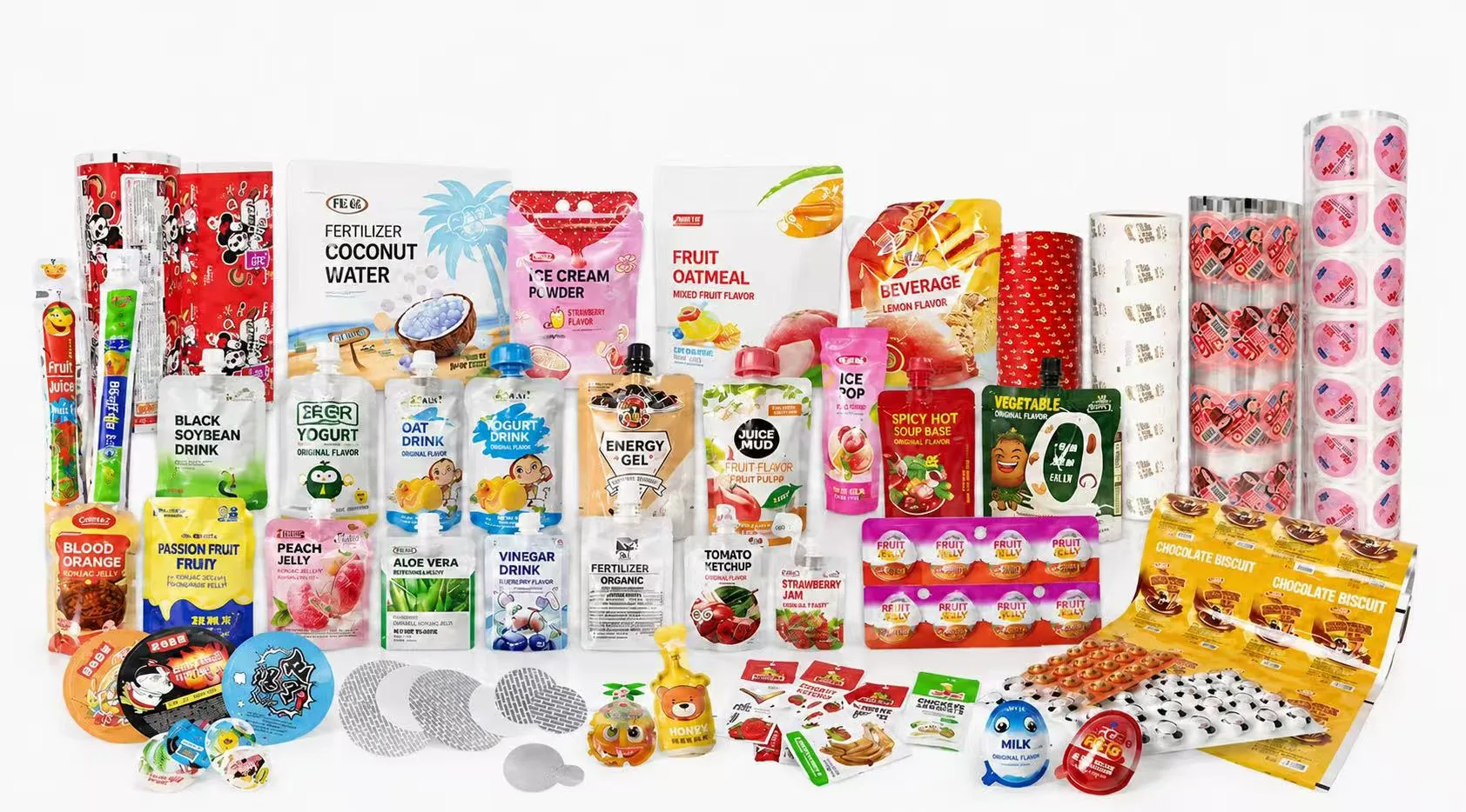 Custom flexible packaging products display including spout pouches, roll film, lidding film and food packaging pouches