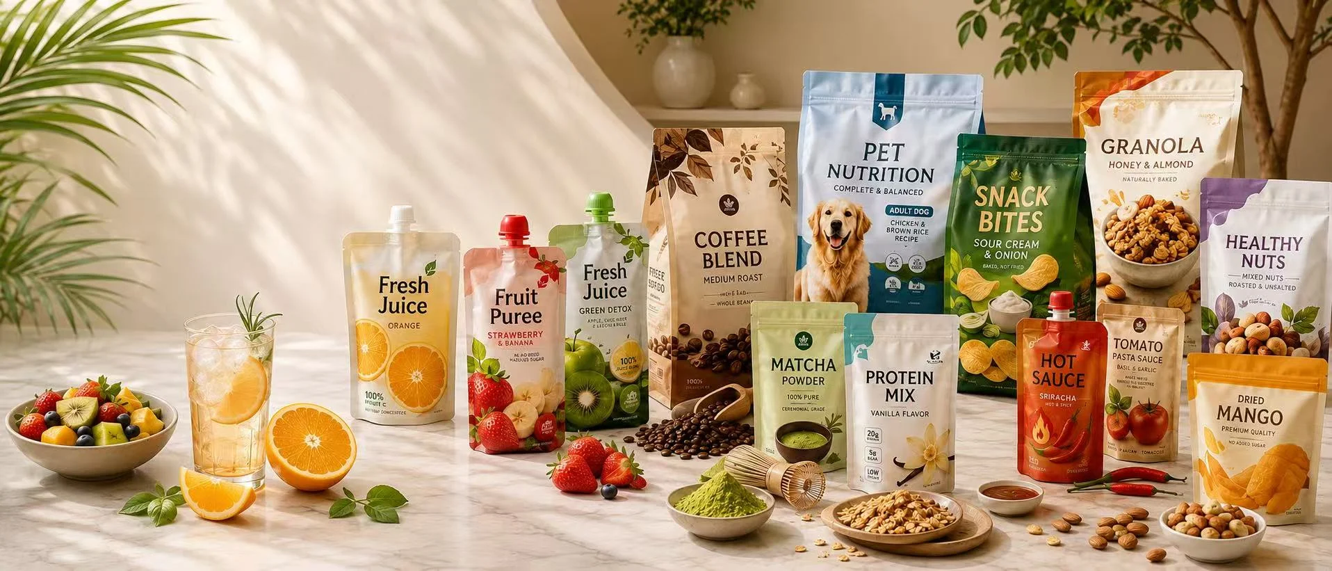 Multi-scene custom flexible packaging samples for beverages, coffee, pet food, snacks, powders, sauces and dried fruit