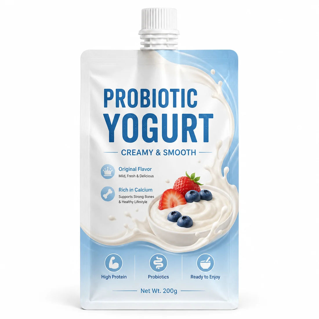 Custom printed flat bottom spout pouch for probiotic yogurt, dairy drinks, juice and beverage packaging