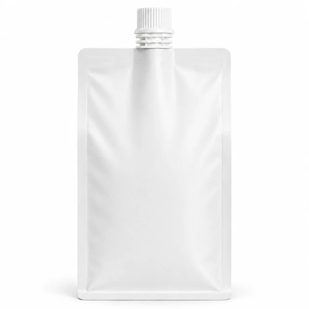 Blank white flat bottom spout pouch front view for custom printed liquid packaging