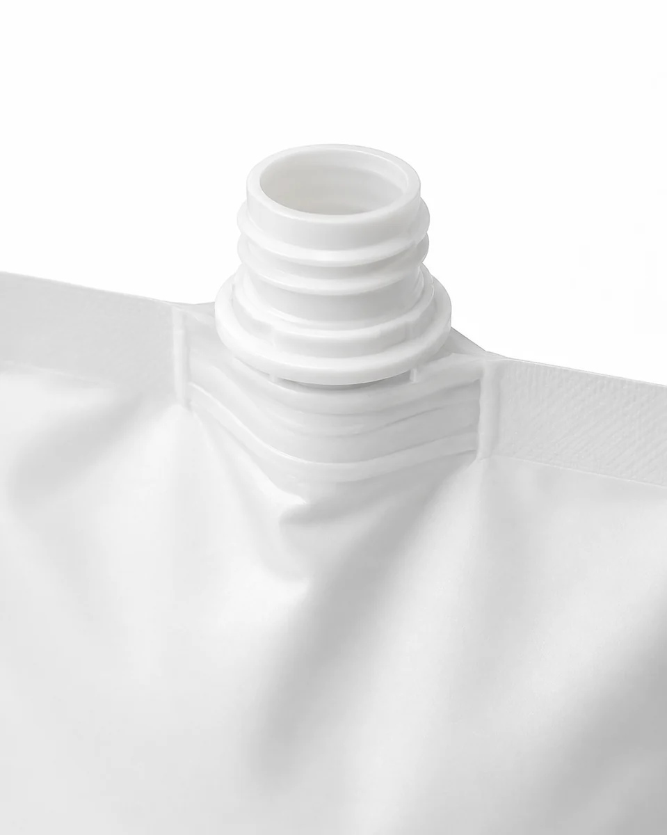 Flat bottom spout pouch screw cap and spout detail for leak resistant liquid packaging