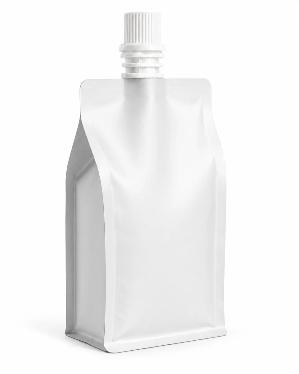 Flat bottom spout pouch side gusset view showing eight side seal pouch structure
