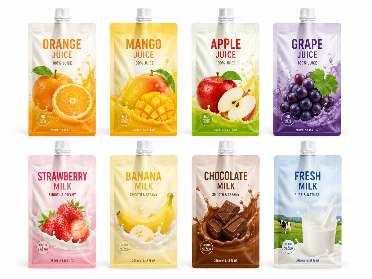 Flat bottom spout pouch application cases for juice, yogurt, milk, probiotic drinks and beverage packaging