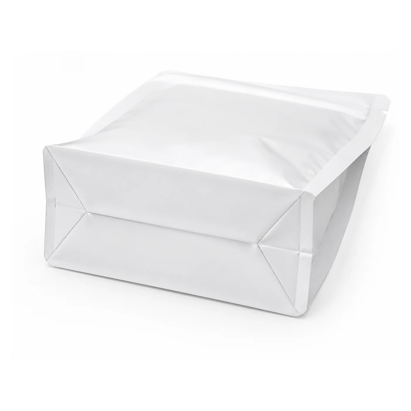 Flat bottom zipper pouch box bottom gusset detail for stable shelf display