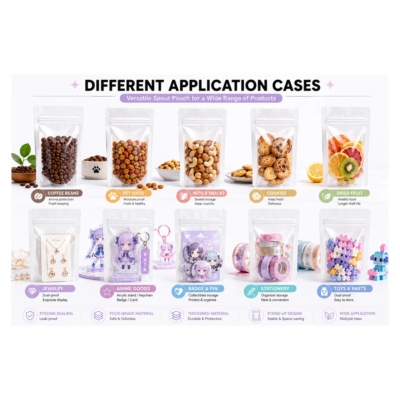 Flat bottom zipper pouch application cases for coffee, nuts, snacks, candy and dry food packaging