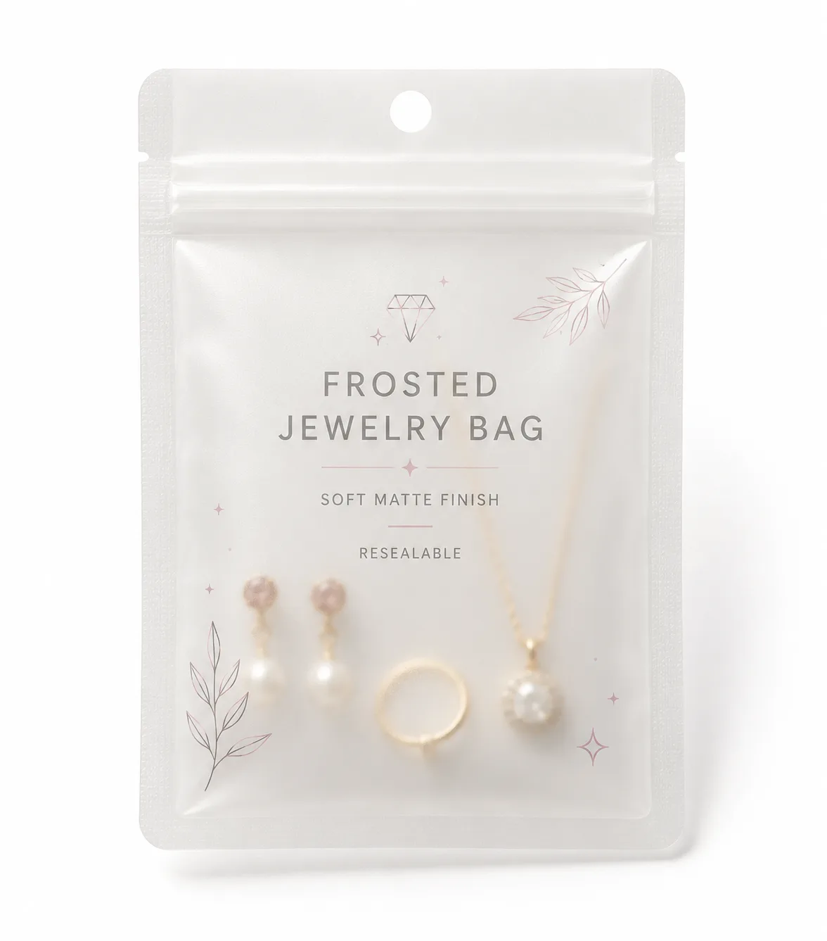 Custom frosted soft matte resealable jewelry packaging bag for earrings, rings and necklaces