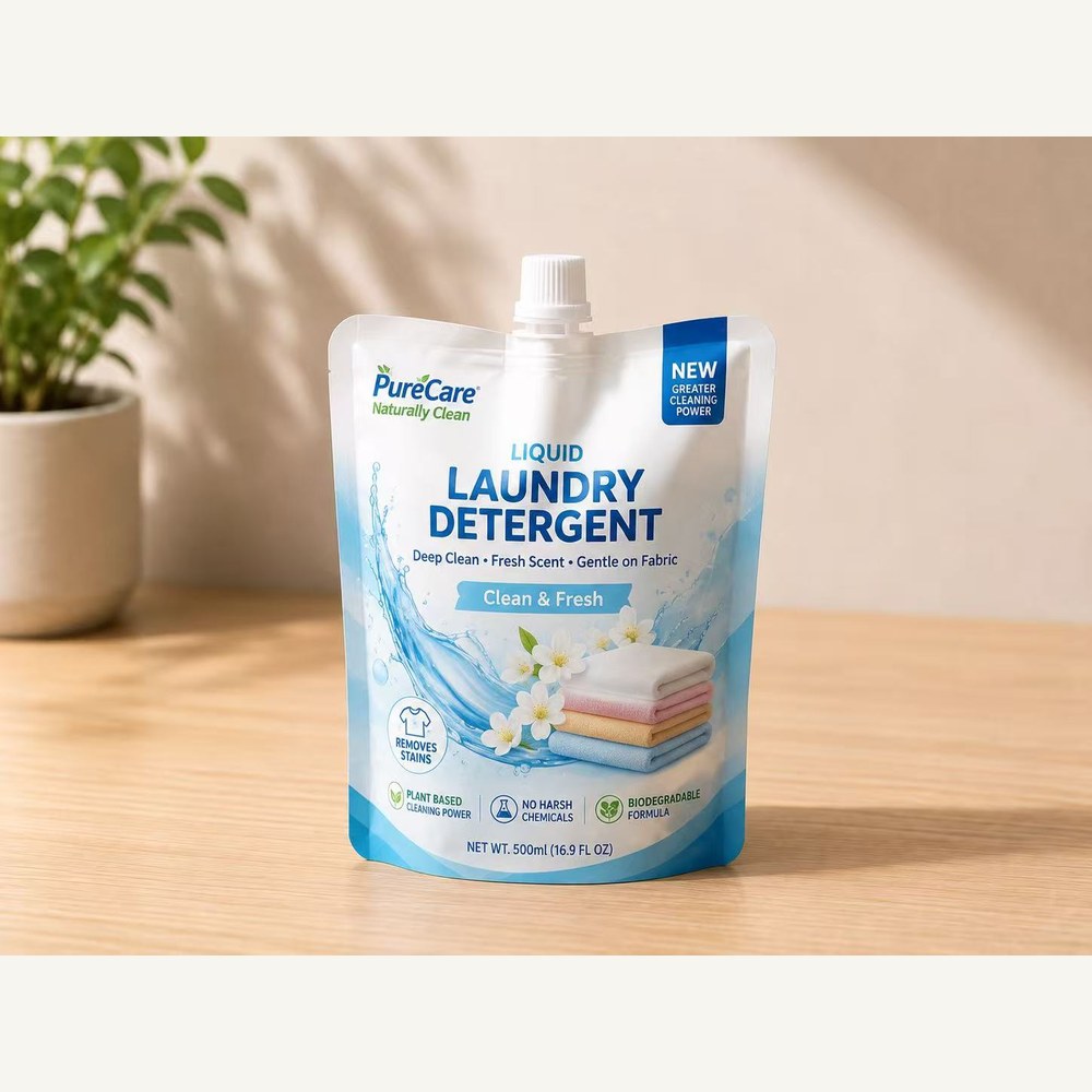 Detergent spout pouch application for liquid laundry refill packaging