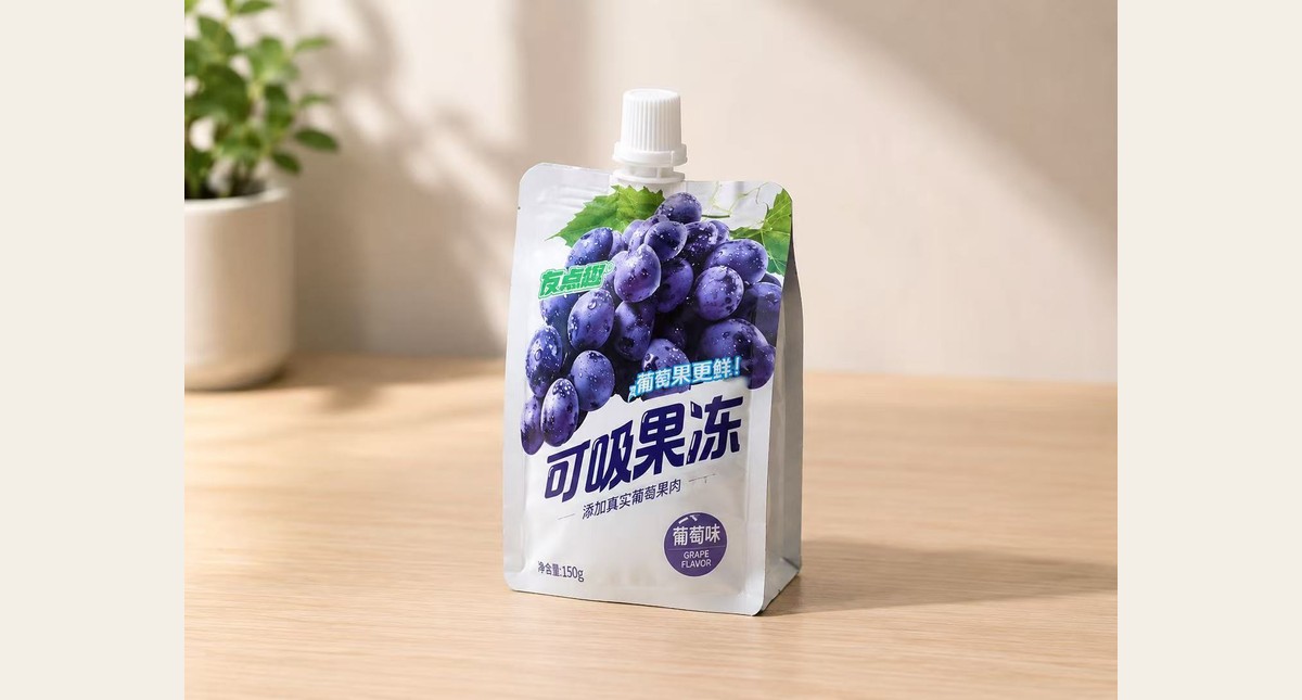 Flat bottom spout pouch case for grape jelly packaging