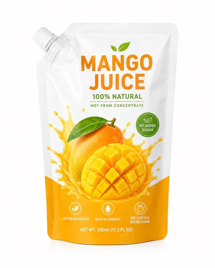 Custom mango juice corner spout pouch front view for beverage packaging