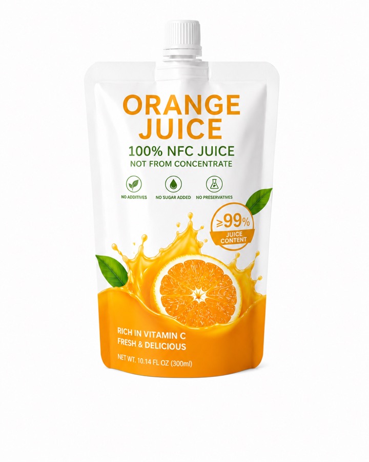 Custom orange juice stand up spout pouch with screw cap for beverage packaging