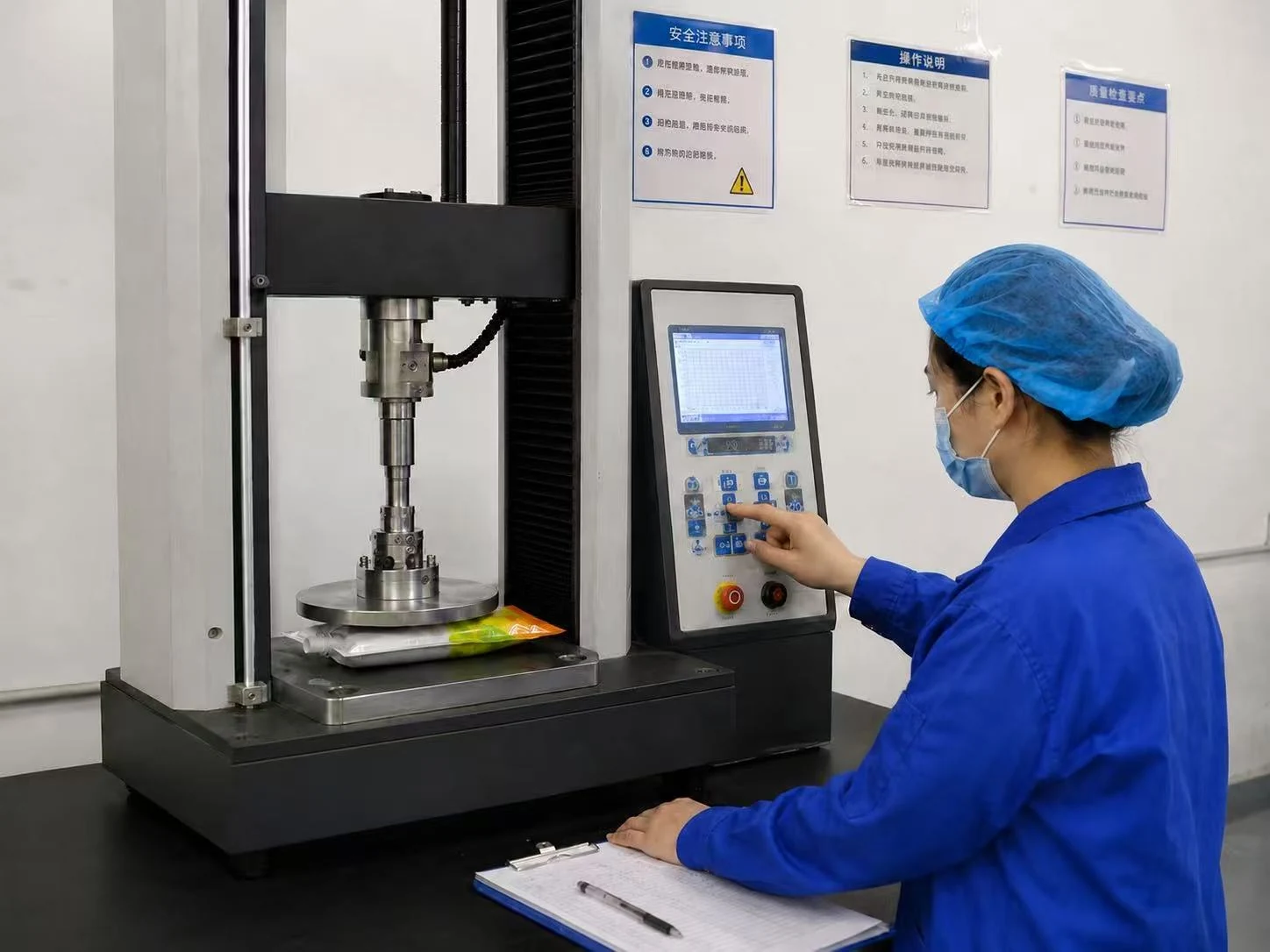 Seal integrity and compression test for finished flexible pouch before shipment