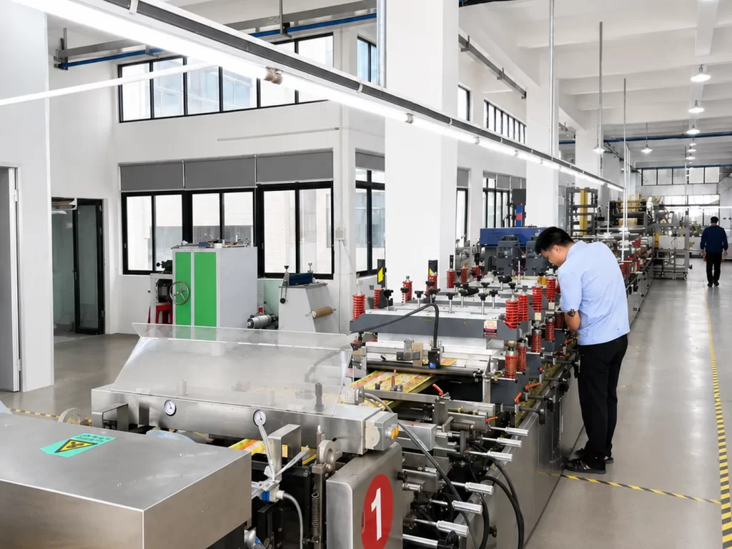 Flexible packaging pouch bag making machine workshop for stand up zipper pouch and flat bottom pouch production