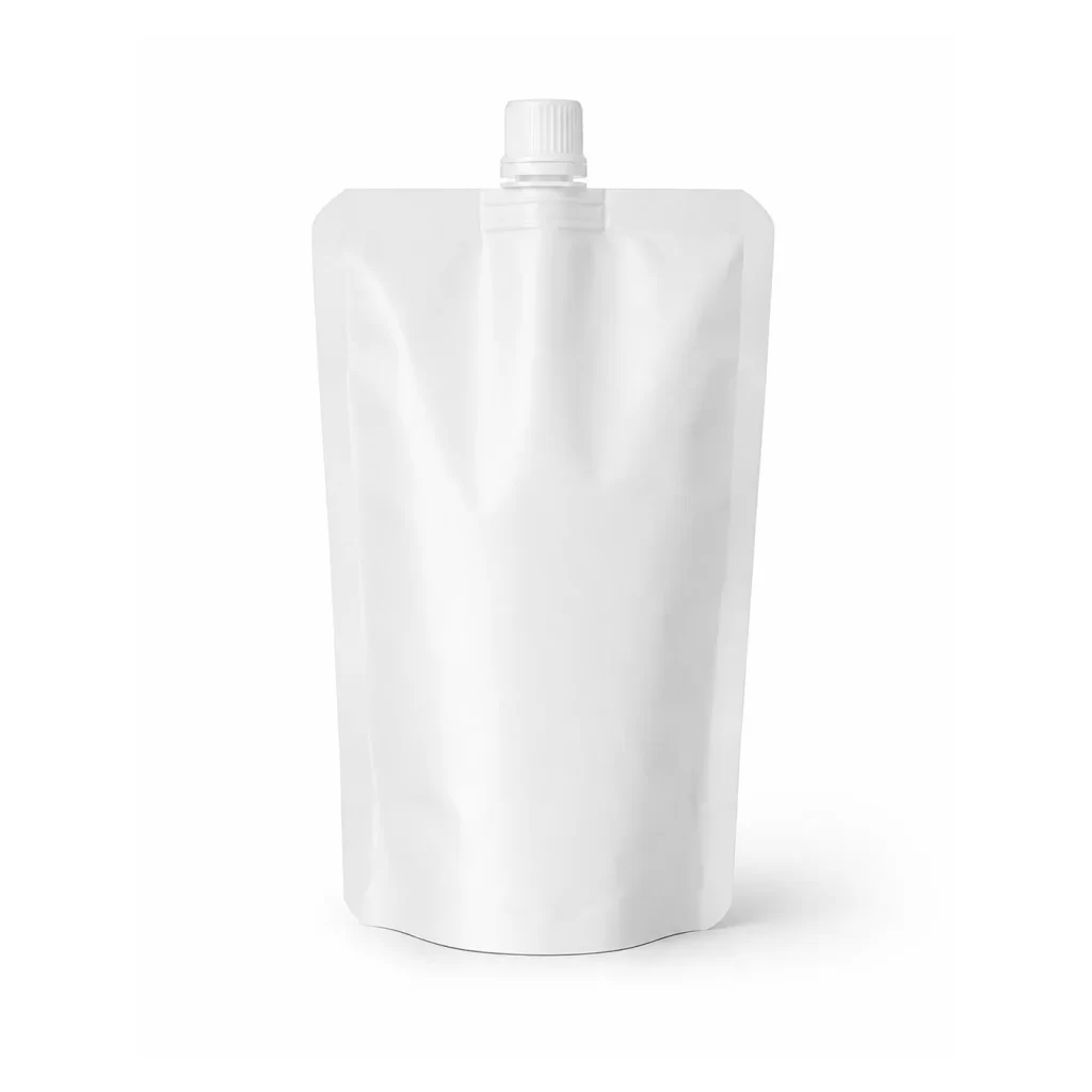 Spout pouch front view of a custom stand up spout pouch with cap